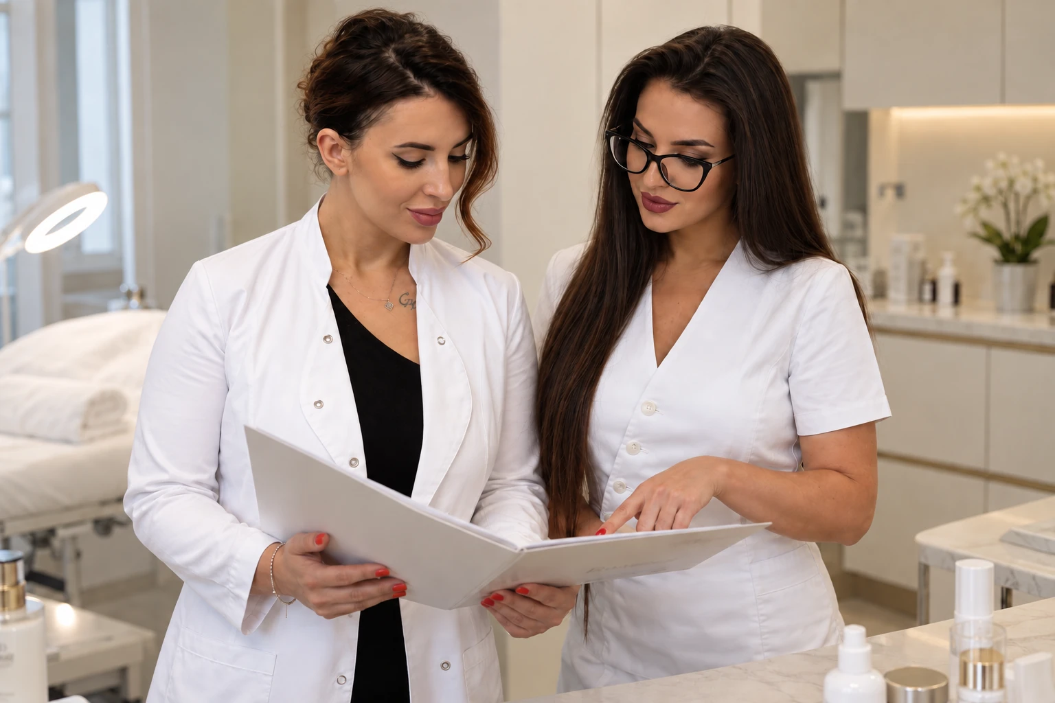 Ioana Mădălina Pintea și Marina Fulga consultând împreună materiale în clinică
